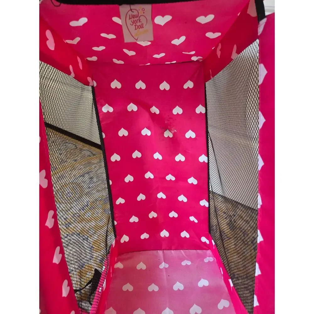 New York Doll Collection Fold N Store Doll Pack N Play Heart Pink Bed